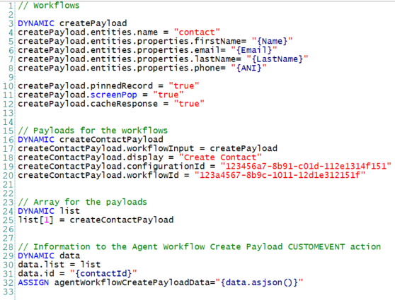JSON avec quatre sections : workflows, charges utiles pour les workflows, tableau pour les charges utiles et informations pour l'action CUSTOMEVENT.