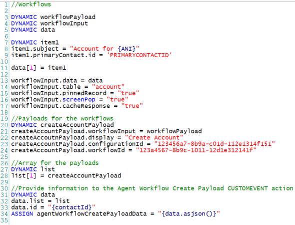 JSON avec quatre sections : workflows, charges utiles pour les workflows, tableau pour les charges utiles et informations pour l'action CUSTOMEVENT.