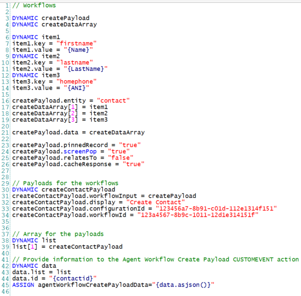 JSON avec quatre sections : workflows, charges utiles pour les workflows, tableau pour les charges utiles et informations pour l'action CUSTOMEVENT.