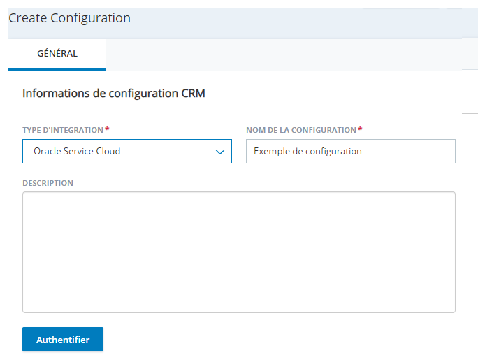 La page Créer une configuration de la section Intégrations agent, avec des champs pour Type d'intégration, Nom de configuration et Description.