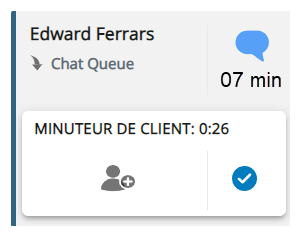 Sous le nom du contact et la compétence, la zone indique Minuteur du client, et le minuteur est visible à côté.