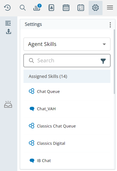 Page Compétences de l’agent dans les Paramètres, montrant une barre de recherche, une icône de filtre et une liste des compétences auxquelles vous êtes affecté.