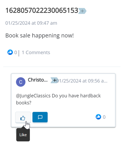 Le message original apparaît avec la réponse juste en dessous. Le curseur survole le bouton J’aime.