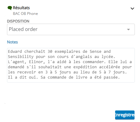 La fenêtre Résultats affiche le nom du contact, une liste déroulante Disposition et un bouton Enregistrer. Elle peut aussi afficher des champs pour Balises et Notes.