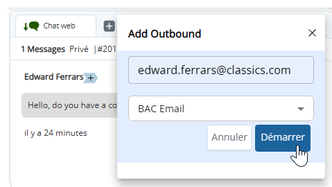 Ajouter sortant a été cliqué. Dans la fenêtre contextuelle qui apparaît, l’agent a saisi une adresse e-mail et sélectionné une compétence.