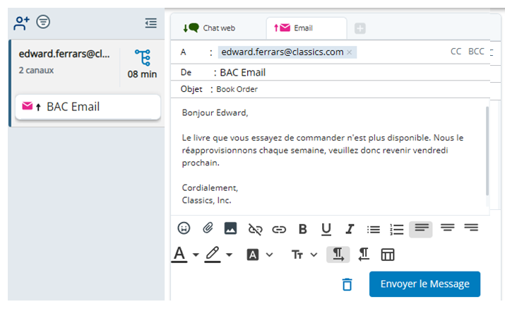 Un nouvel onglet pour l’e-mail sortant apparaît dans l’espace d’interaction.