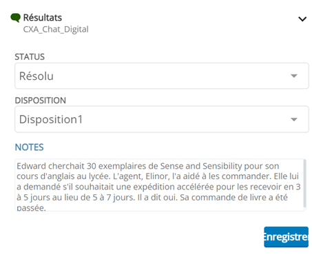 La fenêtre Résultats affiche le nom du contact, une liste déroulante Statut et un bouton Enregistrer. Elle peut aussi afficher les champs Disposition, Étiquettes et Notes.