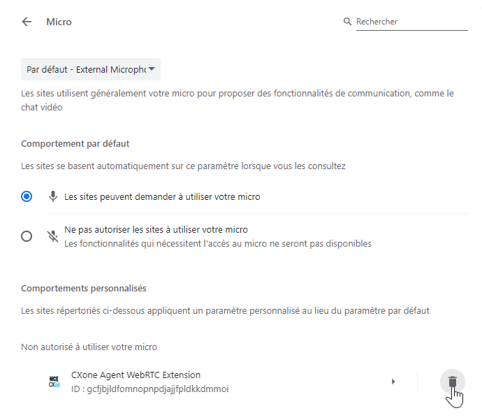 CXone Agent WebRTC Extension figure dans la liste Non autorisé à utiliser votre microphone. Le curseur survole l’icône Supprimer (une corbeille).