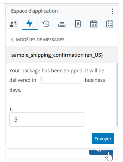 Un modèle s’affiche dans l’espace applicatif. Une valeur est saisie dans un champ vide et le curseur survole le bouton Envoyer.