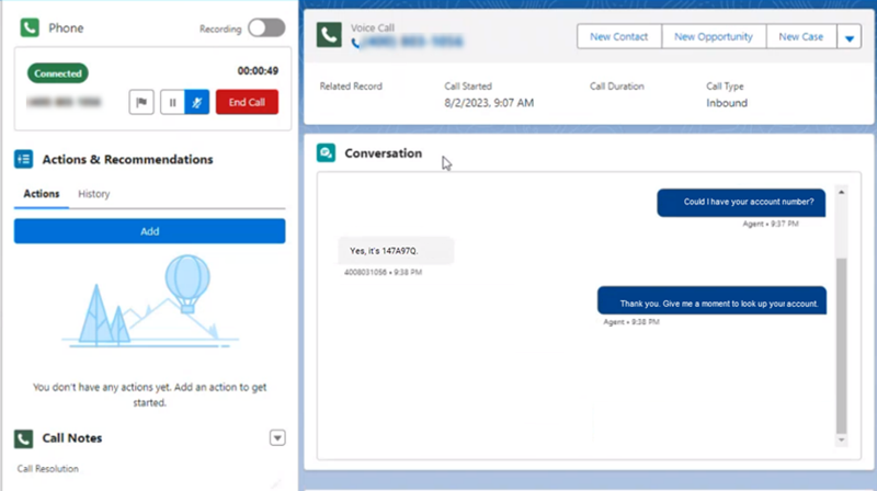 La fenêtre Conversation de Salesforce présente une conversation entrante entre le contact et l’agent.