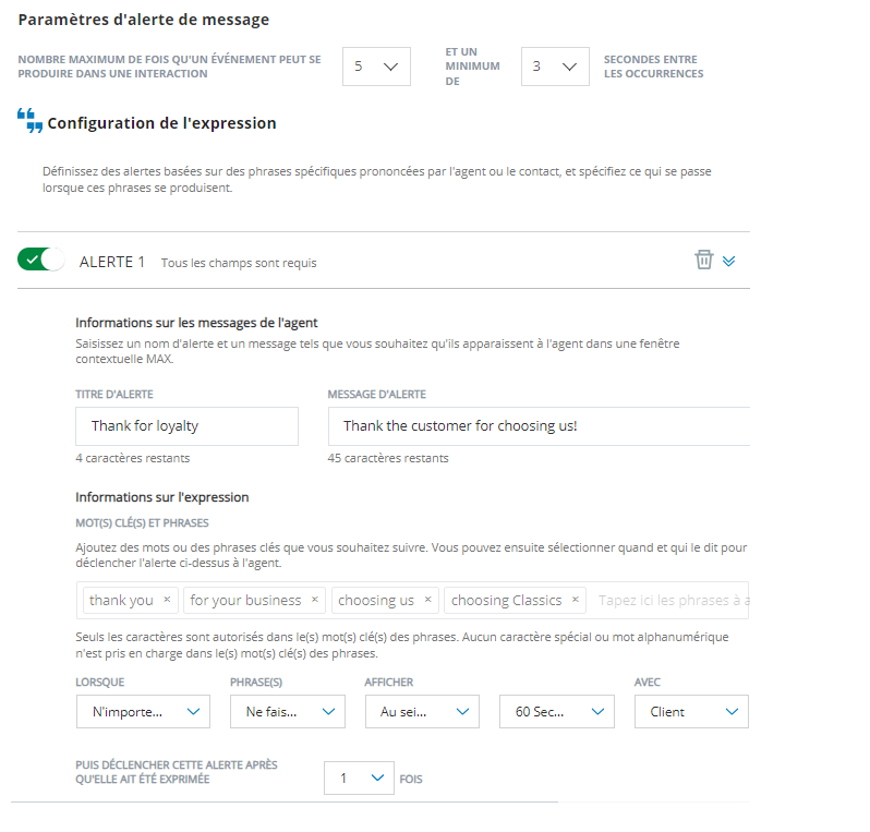 L’onglet Alertes de phrases, présentant un exemple d’alerte.