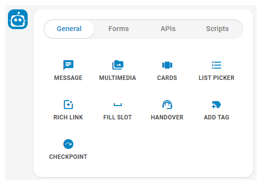 A window where you select a bot response from the General, Forms, or Integration tabs.