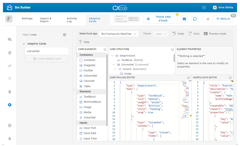 L’interface de conception de cartes adaptatives.