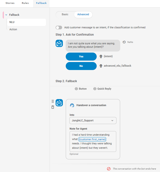 Mécanisme avancé de repli pour la compréhension en langage naturel (NLU) avec un message de réponse du robot et une action de transfert.