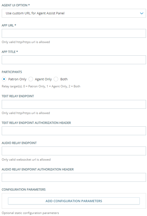 La page de configuration servant à ajouter un fournisseur Agent Assist à l'aide de terminaux d'échange personnalisés.