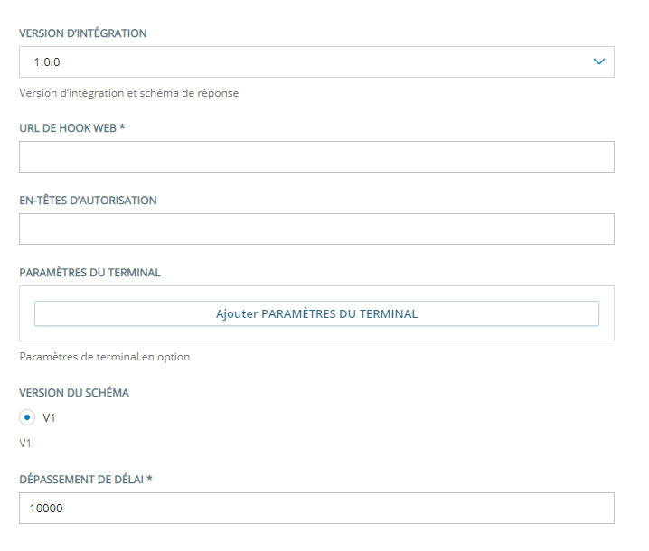 La page de configuration de la version d’intégration 1.0.0 de Centre d'agents virtuels.