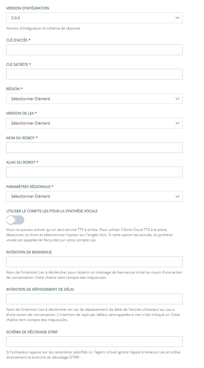 La page Configuration pour l'ajout d'un Amazon Lex V1 robot pour CXone Virtual Agent Hub