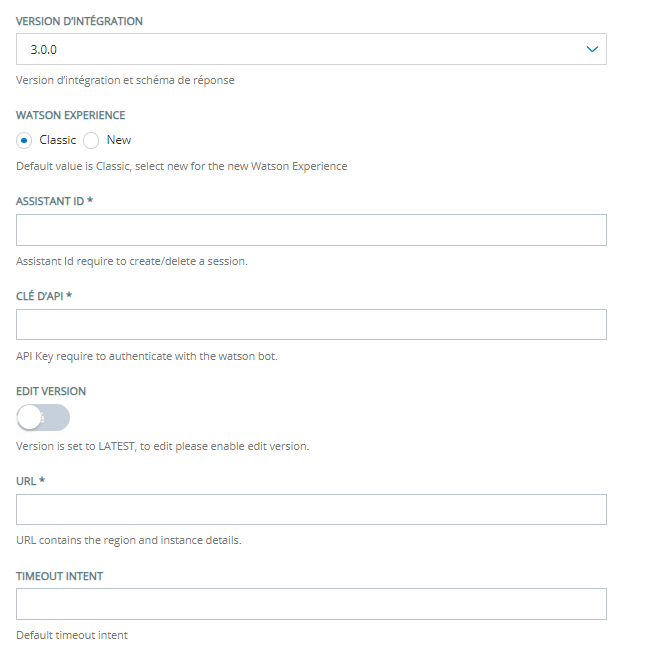 La page Configuration pour l'intégration d’un agent virtuel IBM Watson de type texte.