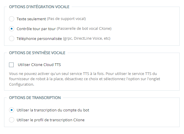 La page Voix de l’assistant de configuration dans Centre d'agents virtuels.