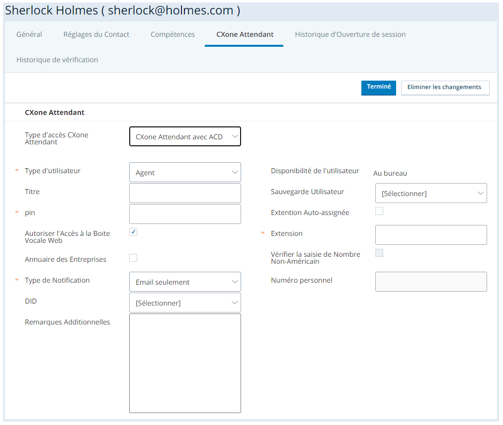 Accorder l'accès utilisateur àCXone Attendant sur leCXone Attendant tab dansCXone Admin.