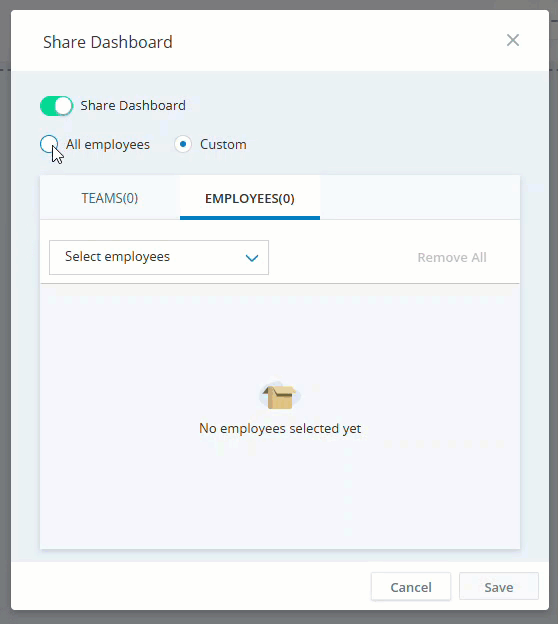 La fenêtre Partager le tableau de bord dans Legacy Dashboard.