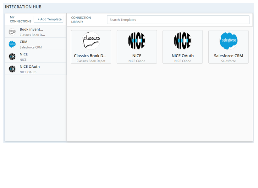 Integration Hub, illustrant la liste Mes connexions à gauche et la bibliothèque de connexions à droite.