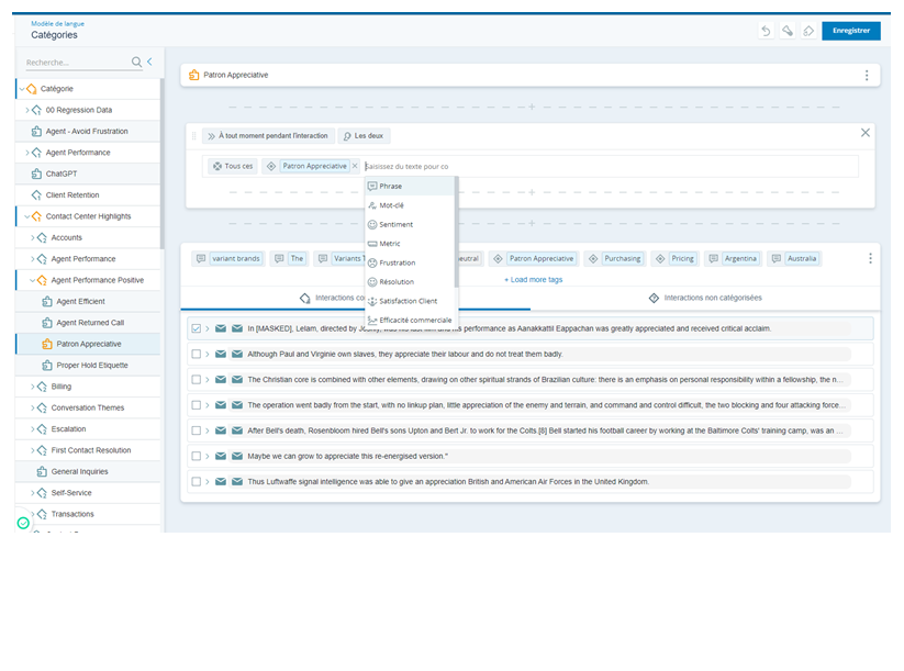 Page de catégories du modèle de langage. Catégorie « Appréciation des mécènes » sélectionnée. Affiche les résultats des interactions correspondantes et les détails des règles de catégorie. Affiche l'arborescence des catégories, les boutons Annuler, Rééchantillonner, Recategoriser et Enregistrer.