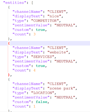 Une section d'un fichier JSON de Interaction Analytics exportation de données, visualisée dans Notepad++