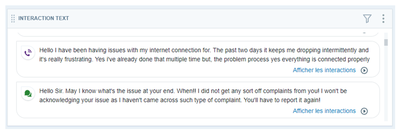 Widget Texte des interactions affichant les deux premières phrases de 2 transcriptions d’interactions.