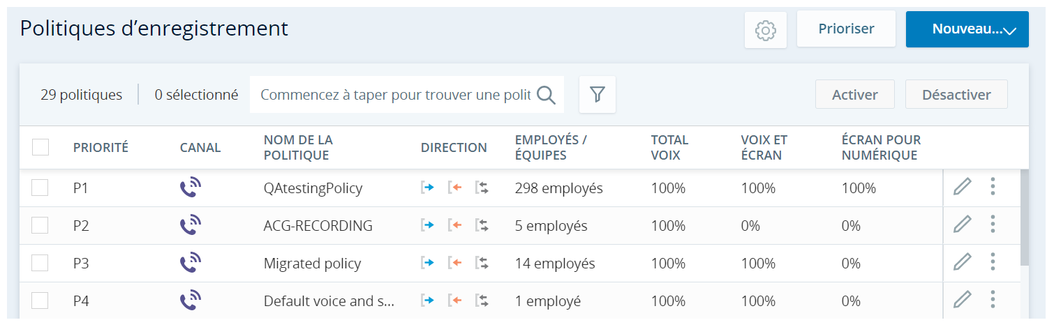 Capture d'écran des exemples de politique d'enregistrement