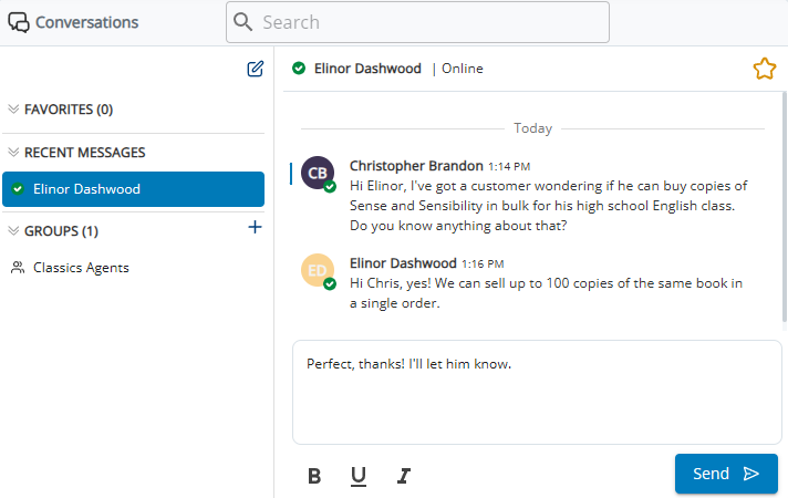 Messages directs échangés dans Conversations à l'intérieur de l’application d’agent.