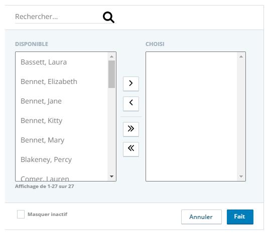 La page de filtrage des agents, dans laquelle vous pouvez sélectionner les agents sur lesquels vous souhaitez filtrer un rapport.