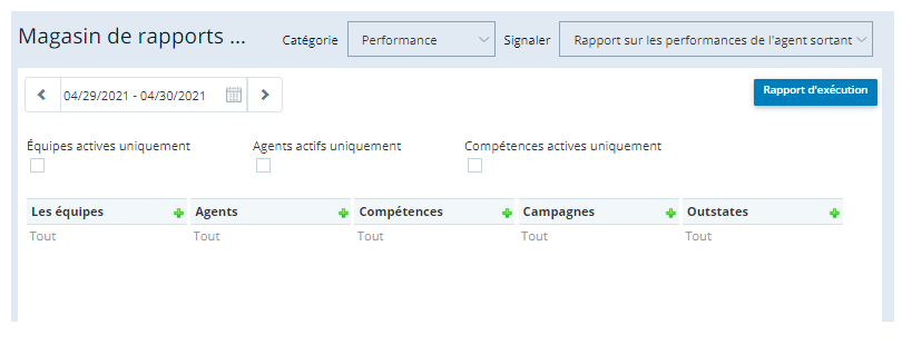 Le magasin de rapports sortants, affichant les options de filtrage pour un rapport sélectionné.