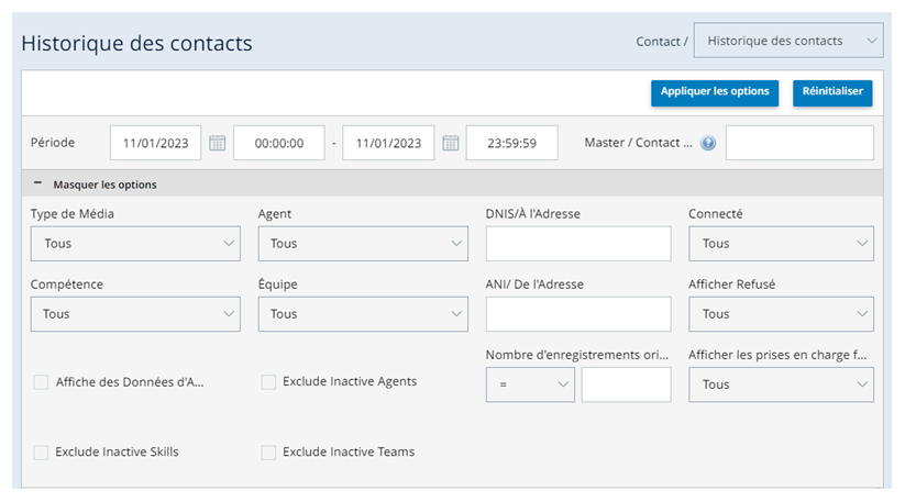 Le rapport sur l'historique des contacts avec l'élément Afficher les options développé. Affiche des champs pour le type de média, l'agent, la compétence, l'équipe, etc.