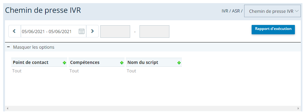 Capture d'écran du rapport de parcours de presse IVR, avec un sélecteur de plage de dates, des options permettant de sélectionner des points de contact, des compétences et des noms de script, ainsi qu'un bouton Exécuter le rapport.