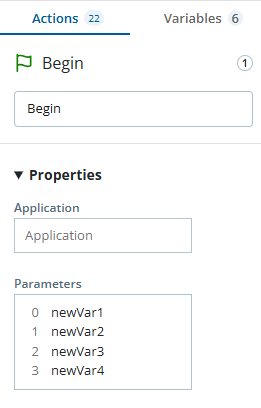 The properties of the BEGIN action, showing that three variables are configured in the Parameters property.