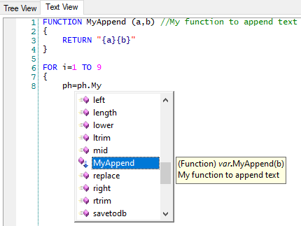 Un exemple de l'onglet Vue texte dans la fenêtre de l'Éditeur de snippets affichant l’aide IntelliPrompt.