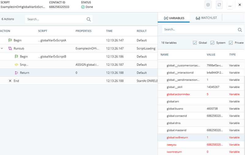 La trace du Script B à l’action RETURN. Le script comprend également la variable globale iwillreturn et les variables locales iseeyou et iwontreturn.