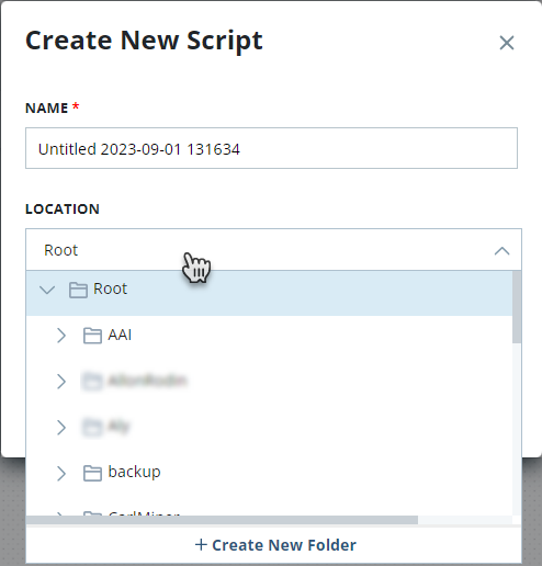 La page Créer un nouveau script avec le menu déroulant Emplacement affichant l'option Créer un nouveau dossier dans le bas de la page.