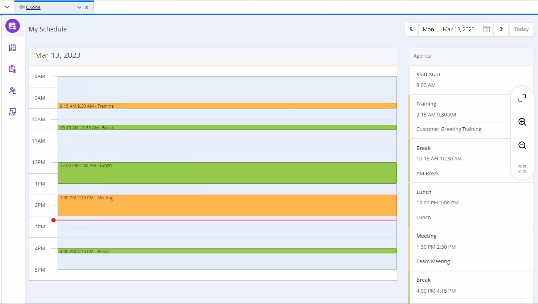過去や今後のコミットメントやイベントを表示するSalesforce Agent LightningのWEMスケジュール。