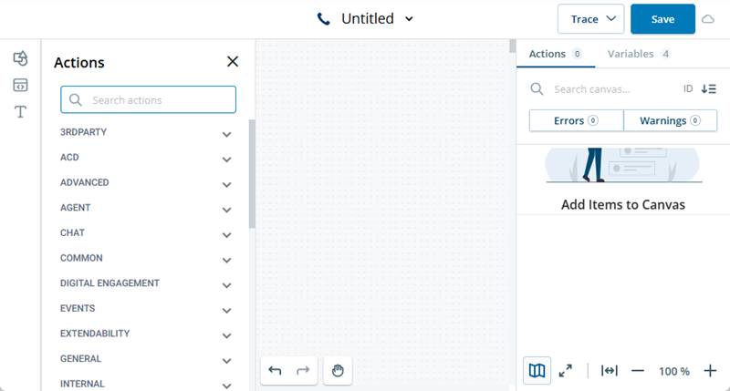 アクションパレットが右側に開いた黒いスクリプトキャンバス。
