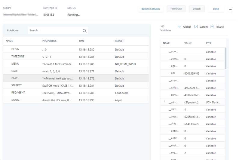 PLAYアクションが実行された後のスクリプト内の変数など、インバウンド音声スクリプトのトレースの出力を示すトレース出力ウィンドウm。