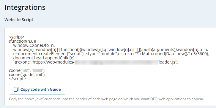 コピーしてヘッダーに貼り付ける統合コードを表示しますGuide