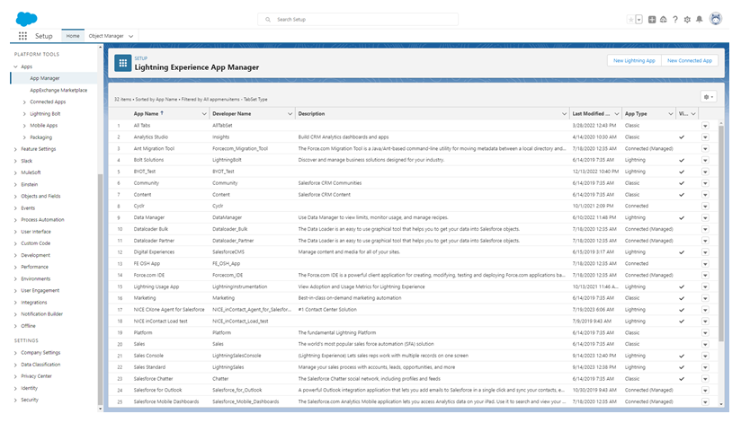 ページの右側に各アプリのアクションのアイコンが表示されたアプリのリストが含まれる、Lightning Experienceアプリマネージャーのセットアップのイメージ画像。