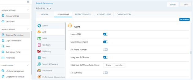 Salesforceエージェント設定の組織全体設定の構成のページ。SalesforceオムニチャネルのNICE inContactルーティングを有効にするのボックスにチェックを入れます。