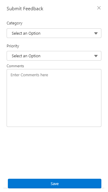 Salesforce Agentのフィードバックの送信ウィンドウには、カテゴリーと優先度のドロップダウン、およびコメントのテキストボックスがあります。