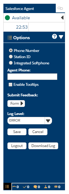 Salesforce Agentのオプション画面。電話番号、ステーションID、 または統合ソフトフォンに変更する。フィードバックを送信する、ログアウトする。