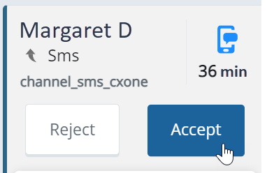インバウンドSMS。コンタクト名、SMS、キュー時間、拒絶と承認ボタンが表示されます。