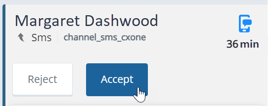 インバウンドSMS。コンタクト名、SMS、キュー時間、拒絶と承認ボタンが表示されます。