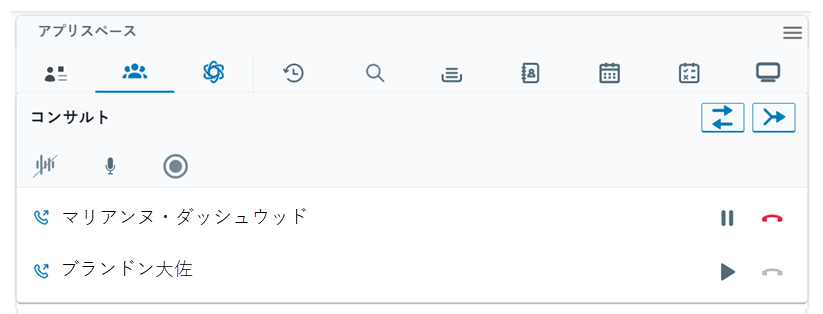 マルチパーティーのスペースがApp Spaceで開かれます。両方のコンタクトは、マスク、ミュート、録音のオプション付きでコンサルトに表示されます。